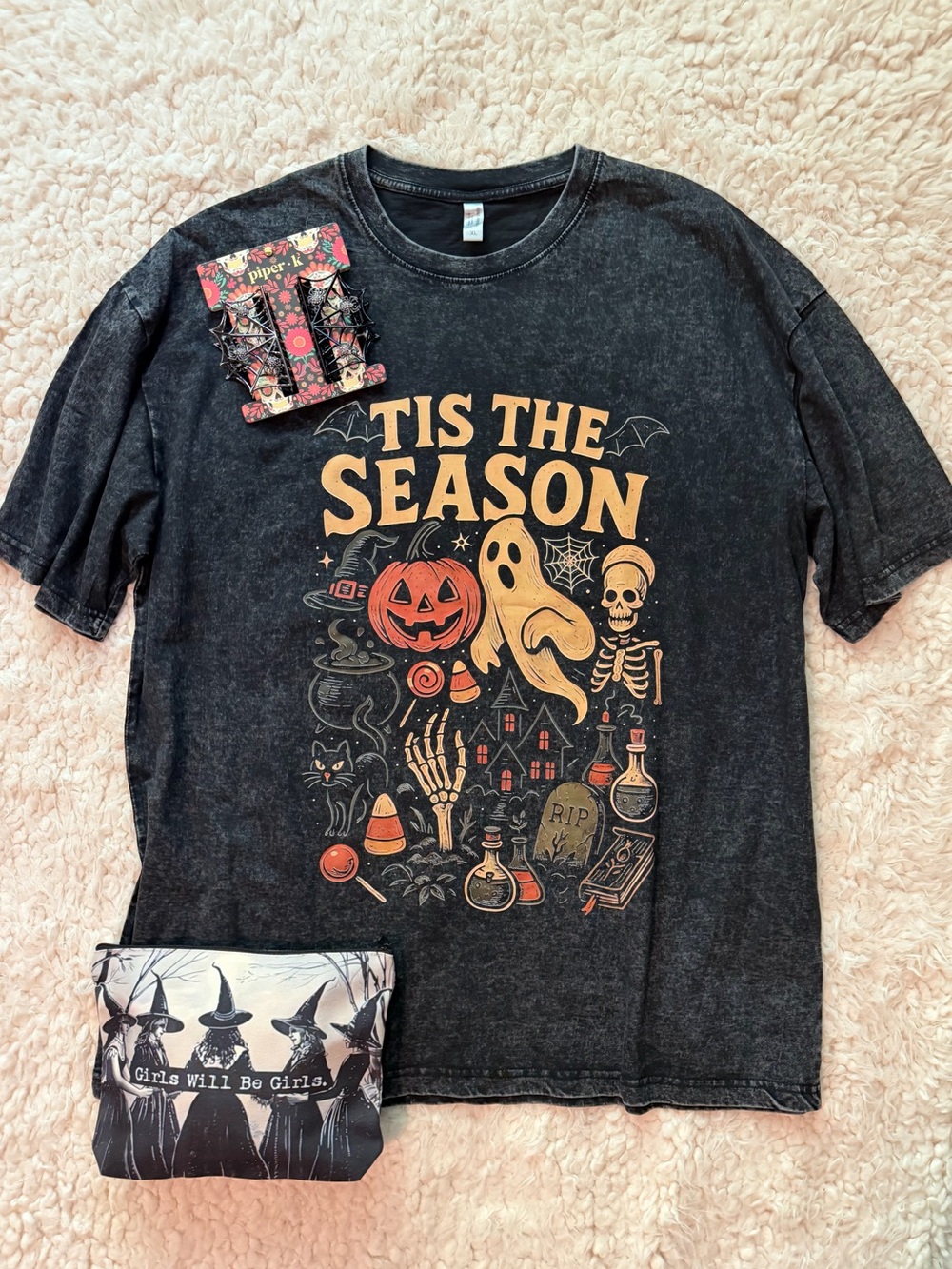 NEW Ghost Halloween T-Shirt Tee Piper K Spiderweb Hair Clips Witch Pouch Set XL